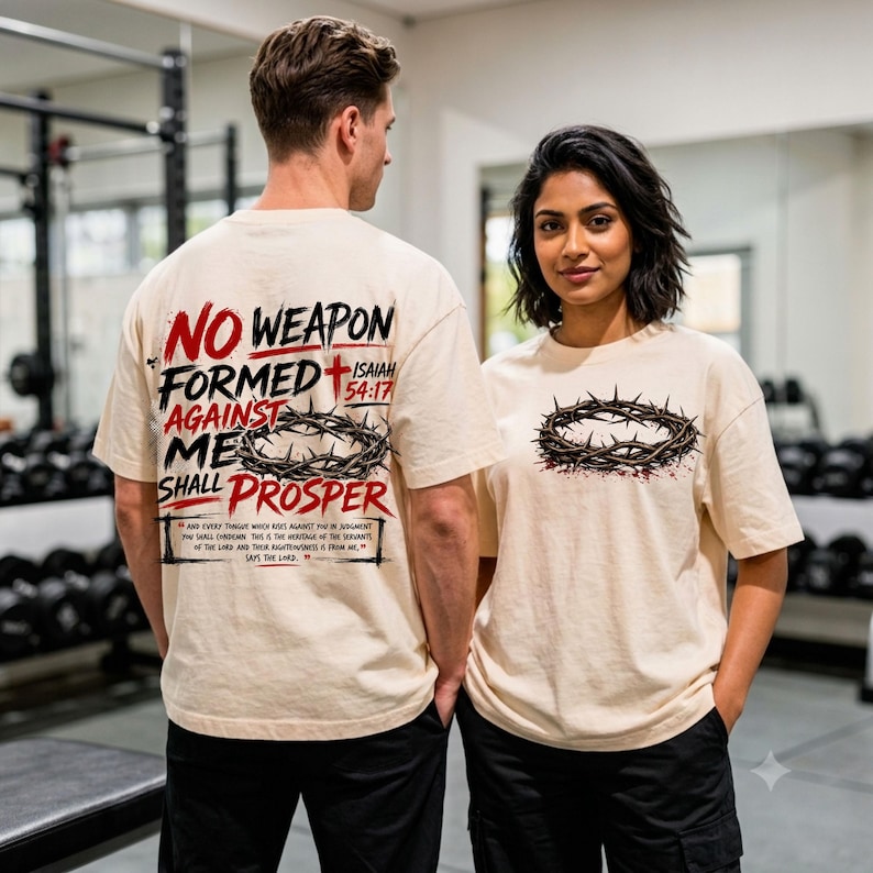 Puede incluir: Una camiseta de color crema con un gr&aacute;fico en la parte posterior con el texto 'NO WEAPON FORMED AGAINST ME SHALL PROSPER' en negro y rojo, una ilustraci&oacute;n de una corona de espinas y un gr&aacute;fico m&aacute;s peque&ntilde;o en la parte frontal.