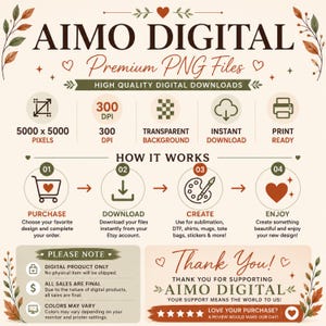 Puede incluir: Una infograf&iacute;a digital para Aimo Digital con archivos PNG premium. Muestra especificaciones t&eacute;cnicas como 5000 x 5000 p&iacute;xeles, 300 DPI, fondo transparente, descarga instant&aacute;nea y listo para imprimir con una gu&iacute;a de funcionamiento de cuatro pasos.