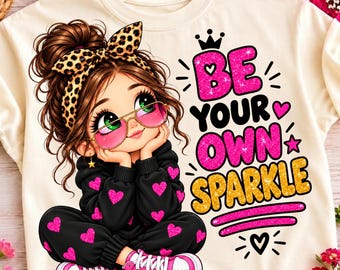Puede incluir: Una camiseta color crema con el gráfico de una persona con moño, diadema de leopardo, gafas de cristales rosas y ropa negra con corazones rosas. El texto dice BE YOUR OWN SPARKLE en letras con purpurina de color rosa y dorado.