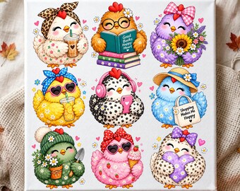 Puede incluir: Un lienzo cuadrado con nueve pollos de dibujos animados en diversas actividades. Uno sostiene un café, uno lee un libro, uno lleva flores, uno bebe limonada, uno usa un teléfono, uno sostiene una bolsa que dice Shopping Makes Me Happy, uno hace jardinería, uno come helado y uno sostiene un corazón.