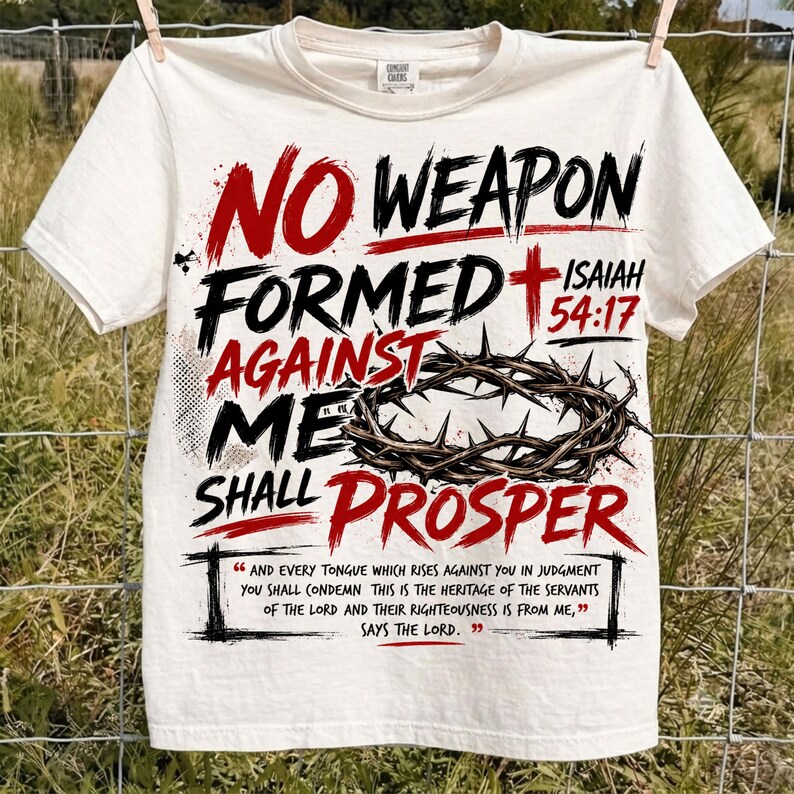 Puede incluir: Una camiseta de manga corta color crema con el texto en negro y rojo NO WEAPON FORMED AGAINST ME SHALL PROSPER, una cruz roja, una corona de espinas marr&oacute;n y la escritura Isaiah 54:17 con texto b&iacute;blico adicional impreso debajo.