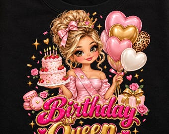 Puede incluir: Una sudadera negra con el gráfico de un personaje rubio con corona y vestido rosa, sosteniendo un pastel de fresas. El diseño incluye globos de corazón rosas y dorados, un regalo y el texto Birthday Queen en rosa y dorado.