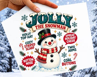 Puede incluir: Una impresión en papel blanco con una ilustración central de un muñeco de nieve con sombrero de copa negro con acebo, bufanda a rayas rojas y blancas y brazos de ramitas. El texto dice JOLLY THE SNOWMAN, HOLLY TOP HAT, COZY STRIPED SCARF, BUTTON NOSE, SPREAD HOLIDAY CHEER, TWIG ARMS y COAL BUTTONS.