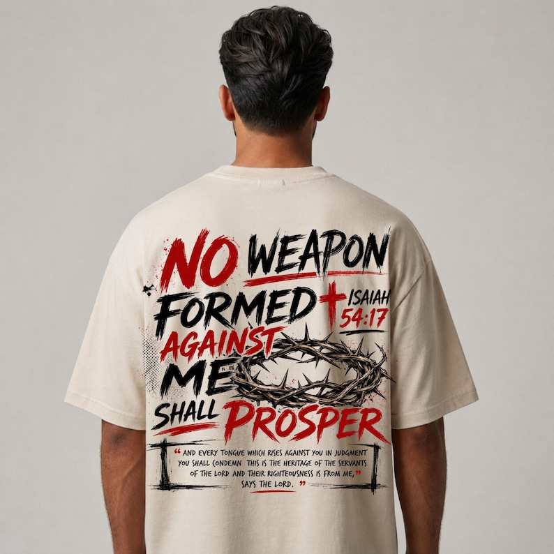 Puede incluir: Una camiseta beige de manga corta con un gr&aacute;fico en la espalda que incluye el texto en rojo y negro NO WEAPON FORMED AGAINST ME SHALL PROSPER, una cruz roja, una ilustraci&oacute;n de una corona de espinas y el vers&iacute;culo b&iacute;blico Isaiah 54:17.