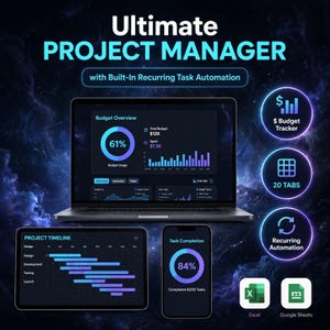 Puede incluir: Una herramienta de gestión de proyectos digital en un portátil, tableta y smartphone. La pantalla muestra un resumen de presupuesto, cronograma y finalización de tareas. Incluye rastreador de presupuesto, 20 pestañas y automatización.