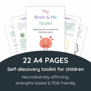May include: A 22-page A4 self-discovery toolkit for children titled My Brain & Me Toolkit, featuring a cartoon brain character with red hearts, educational text, and activity sheets designed to explore personal identity and brain function.