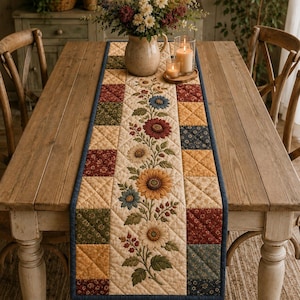 May include: A quilted table runner featuring a central cream-colored panel with a vertical floral vine pattern of sunflowers and berries, flanked by a patchwork border of square blocks in shades of mustard yellow, deep red, olive green, and navy blue.