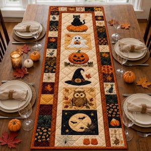 May include: A rectangular quilted table runner featuring a central column of Halloween-themed squares including a black cat on a pumpkin, a ghost, a jack-o'-lantern, a witch hat, an owl, and a full moon with bats, bordered by autumn leaf patterns.