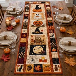 May include: A rectangular Halloween-themed quilted table runner featuring a central column of squares with appliqued designs of a black cat on a pumpkin, a ghost, a jack-o'-lantern, a witch hat, an owl, a full moon with bats, and candy corn.