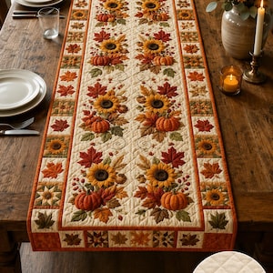 May include: A rectangular quilted table runner featuring a cream-colored background with a repeating pattern of sunflowers, orange pumpkins, and autumn leaves in shades of red, brown, and green, bordered by a geometric orange and brown fabric trim.