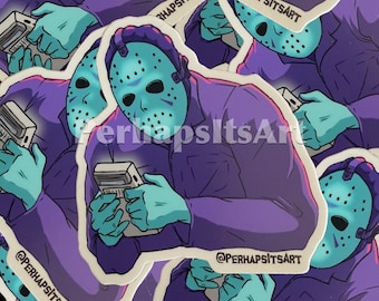 Könnte beinhalten: Ein Set von Aufklebern mit einem Charakter, der eine Hockeymaske und einen lila Overall trägt und eine Videospielkonsole hält. Die Aufkleber haben den Text "@PERHAPSITSART" auf sich.