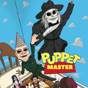 May include: A digital illustration featuring characters from the Puppet Master horror film series. The artwork includes a large puppet figure with a hook and knife, and other puppet characters. The title "Puppet Master" is prominently displayed.