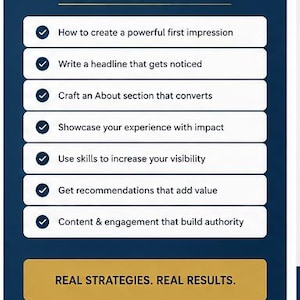 Peut inclure: Un graphique informatif bleu fonc&eacute; intitul&eacute; WHAT YOU'LL LEARN avec sept lignes blanches &agrave; puces &eacute;num&eacute;rant des sujets de d&eacute;veloppement professionnel, y compris la cr&eacute;ation d'impressions et l'autorit&eacute;, avec un bouton dor&eacute; REAL STRATEGIES. REAL RESULTS.