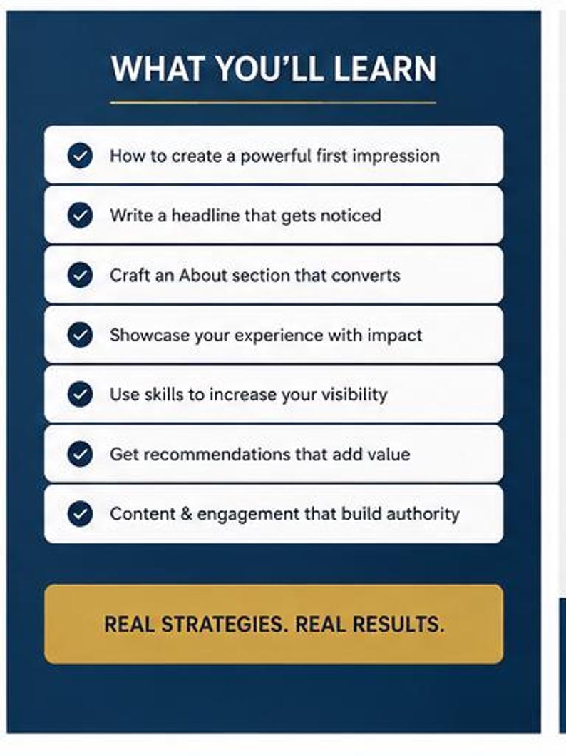 Peut inclure: Un graphique informatif bleu fonc&eacute; intitul&eacute; WHAT YOU'LL LEARN avec sept lignes blanches &agrave; puces &eacute;num&eacute;rant des sujets de d&eacute;veloppement professionnel, y compris la cr&eacute;ation d'impressions et l'autorit&eacute;, avec un bouton dor&eacute; REAL STRATEGIES. REAL RESULTS.