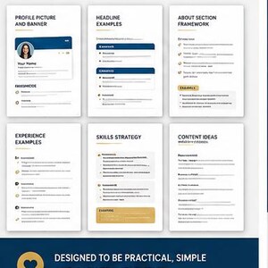 Peut inclure: Un guide num&eacute;rique intitul&eacute; SNEAK PEEK INSIDE pr&eacute;sentant six pages blanches avec du texte sombre et des accents bleus. Les sections incluent Profile Picture and Banner, Headline Examples, About Section Framework, Experience Examples, Skills Strategy et Content Ideas.