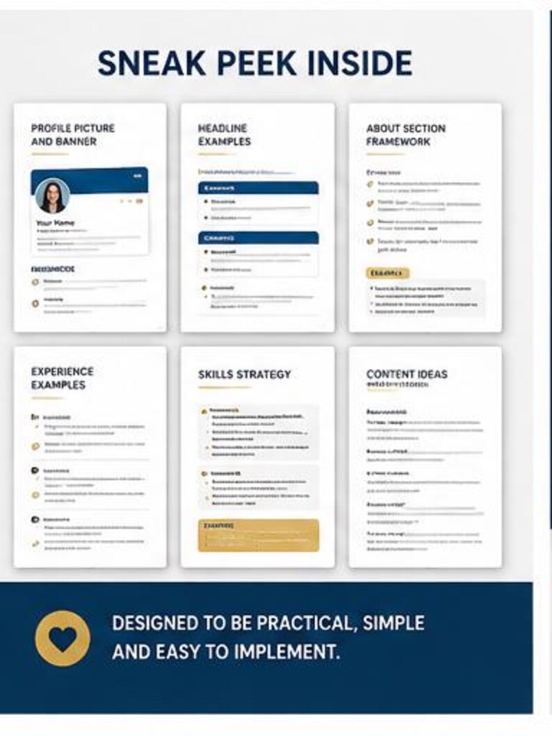 Peut inclure: Un guide num&eacute;rique intitul&eacute; SNEAK PEEK INSIDE pr&eacute;sentant six pages blanches avec du texte sombre et des accents bleus. Les sections incluent Profile Picture and Banner, Headline Examples, About Section Framework, Experience Examples, Skills Strategy et Content Ideas.