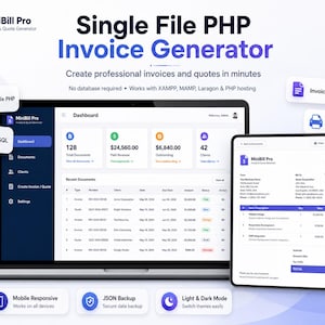 May include: A laptop and tablet displaying the MiniBill Pro invoice and quote generator software interface. The screen shows a dashboard with financial data, client lists, and a sample invoice document. Text includes Single File PHP Invoice Generator.