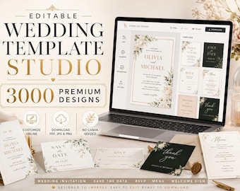 Studio de modèles de mariage modifiables | Éditeur en ligne | 3000 modèles (PDF, JPG, PNG)
