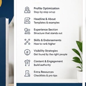 Peut inclure: Une carte informative blanche avec des bordures bleu fonc&eacute; affichant le texte WHAT'S INSIDE? suivi d'une liste de sept sections incluant Profile Optimization, Headline & About, Experience Section, Skills & Endorsements, Visibility Strategies, Content & Engagement, et Extra Resources, se terminant par le texte EVERYTHING YOU NEED TO CREATE A PROFILE THAT GETS RESULTS.