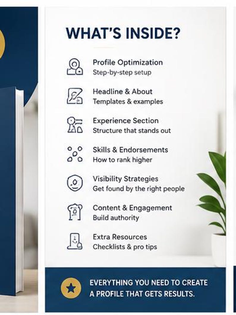 Peut inclure: Une carte informative blanche avec des bordures bleu fonc&eacute; affichant le texte WHAT'S INSIDE? suivi d'une liste de sept sections incluant Profile Optimization, Headline & About, Experience Section, Skills & Endorsements, Visibility Strategies, Content & Engagement, et Extra Resources, se terminant par le texte EVERYTHING YOU NEED TO CREATE A PROFILE THAT GETS RESULTS.