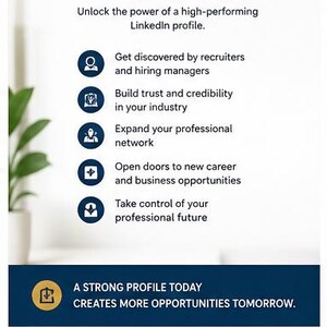 Peut inclure: Un graphique informatif blanc avec du texte bleu fonc&eacute; indiquant OPTIMIZE. CONNECT. GROW. et &eacute;num&eacute;rant les avantages d'un profil LinkedIn, notamment &ecirc;tre d&eacute;couvert par les recruteurs, renforcer la confiance et cr&eacute;er des opportunit&eacute;s.