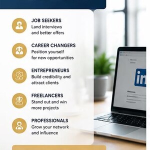 Peut inclure: Une infographie de guide PDF num&eacute;rique intitul&eacute;e WHO IS THIS FOR? listant des publics cibles comme les chercheurs d'emploi, les entrepreneurs et les freelances. Le document pr&eacute;sente des ic&ocirc;nes circulaires dor&eacute;es et un bouton de t&eacute;l&eacute;chargement.