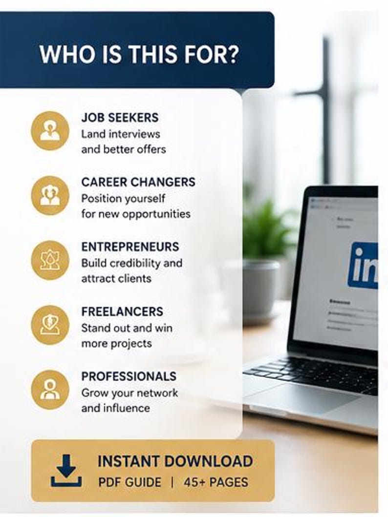Peut inclure: Une infographie de guide PDF num&eacute;rique intitul&eacute;e WHO IS THIS FOR? listant des publics cibles comme les chercheurs d'emploi, les entrepreneurs et les freelances. Le document pr&eacute;sente des ic&ocirc;nes circulaires dor&eacute;es et un bouton de t&eacute;l&eacute;chargement.