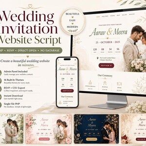 May include: A digital wedding invitation website script featuring a computer monitor and smartphone displaying a template with the names Aarav and Meera, a countdown timer, and event details. Includes text overlays for PHP, RSVP, and admin panel features.