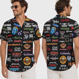 May include: A black short-sleeved button-down shirt featuring a repeating pattern of various rock band logos and names in multiple colors, including The Rolling Stones, Guns N' Roses, Kiss, Metallica, Def Leppard, and Iron Maiden, among others.