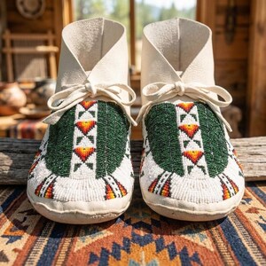 May include: A pair of off-white leather ankle boots featuring intricate beadwork on the vamps. The beadwork displays a geometric pattern in dark green, white, orange, and yellow. Each boot has a matching leather lace tie at the front opening.