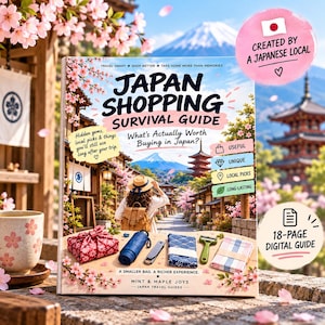 以下が含まれることがあります： 「Japan Shopping Survival Guide」というタイトルのデジタルガイド。表紙には、桜と富士山を背景にバックパックを背負って通りを歩く人物のイラストが描かれています。表紙にはテキスト、アイコン、さまざまなアイテムの画像が含まれています。