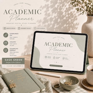 May include: A digital tablet displaying an Academic Planner with sage green abstract shapes and text. The screen shows features like Semester Overview, Assignment Tracker, and Study Schedule. A sage green notebook, stylus, and clips are nearby.