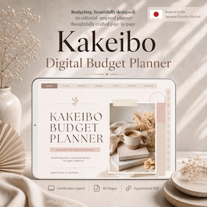 以下が含まれることがあります： ランドスケープレイアウトのKakeibo予算プランナーインターフェースを表示するデジタルタブレット。画面にはKakeibo Budget Planner, Modern Editorial Editionのテキストと、home、plan、month、spend、save、track、reviewのナビゲーションタブが表示されています。