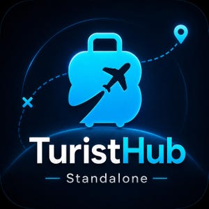 May include: A glowing blue logo featuring a suitcase silhouette with an airplane icon and a flight path trail. The text reads TuristHub Standalone in white and blue lettering against a dark background with a subtle globe curve.