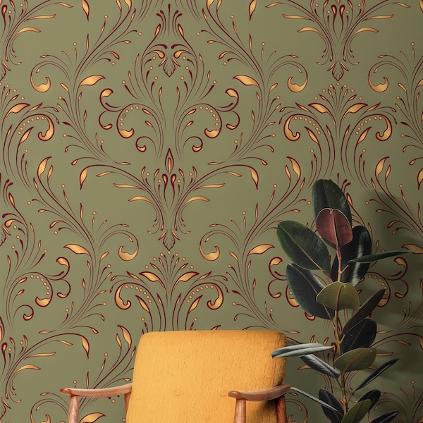 Olive Green Damask Peel and Stick Wallpaper, Vintage Art Nouveau Removable Wallpaper, Self Adhesive Floral Wall Covering