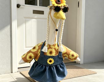 Conjunto de sombrero trenzado de girasol de verano con gafas de sol para porche decorativo, solo ropa, sin ganso.