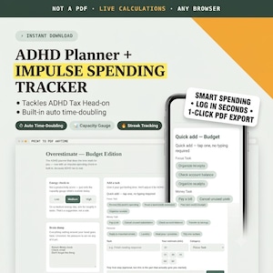 Può includere: Un pianificatore digitale per ADHD e un tracker delle spese impulsive visualizzati su uno schermo. L'interfaccia include sezioni per il controllo dell'energia, brain dump e attività di budget. Testo: ADHD Planner + IMPULSE SPENDING TRACKER.