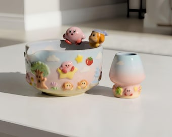 Lindo juego de tazón de matcha, tazón de matcha de cerámica pastel hecho a mano con soporte para batidor, regalo kawaii para la ceremonia del té