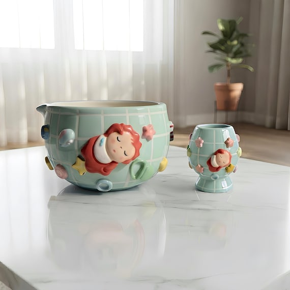 Red Haired Sea Girl Matcha Bowl, Mint Grid Ceramic Matcha Set with Whisk Holder, Handmade Chawan with Spout, Matcha Lover Gift