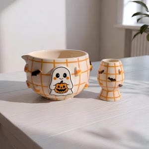 Orange Grid Ghost Matcha Bowl Set, Handmade Ceramic Chawan with Whisk Holder, Cute Halloween Tea Gift, Spooky Fall Pottery