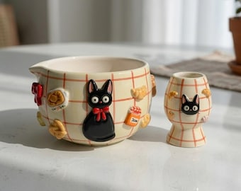 Siatka Czarna Kotka Czarna Kotka Piekarnia Matcha, ręcznie robiona ceramiczna miseczka Matcha z dzióbkiem, przytulny prezent na ceremonię herbacianą dla miłośnika kotów
