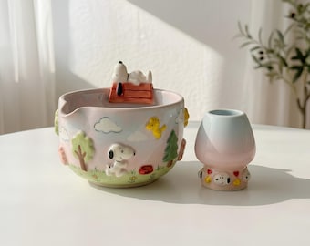 かわいい犬柄抹茶碗セット、手作り陶器茶碗（茶筅ホルダー付き）、パステルカラーのグラデーション抹茶セット、子犬好きへのギフト、かわいい茶道セット