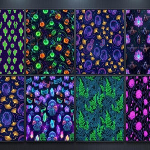 May include: A collection of eight digital patterns featuring neon-style illustrations on dark backgrounds, including glowing green cacti, colourful potion bottles, purple headphones with gold leaves, lotus flowers, mushrooms, crystals, ferns, and roses.