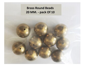 20 Mm Round Brass Hollow Seamless Beads Pkg of  10  Hole Size 2.0Mm / Natural brass