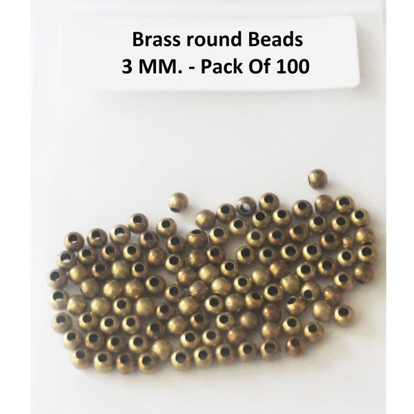 3 mm 100 Pcs. Round Brass Seamless Beads Raw Brass 1.5mm Hole (Solid Brass)