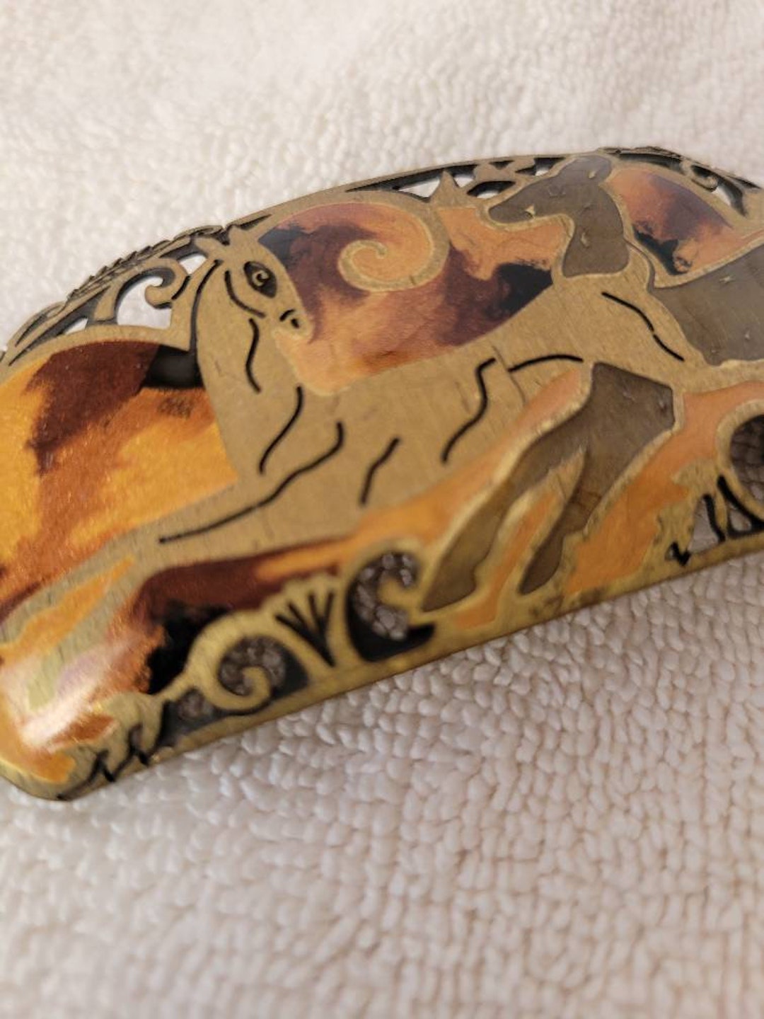 Hair Barrette Made in France Vintage 3.75 X 1.5 Inches Deer Design Gold