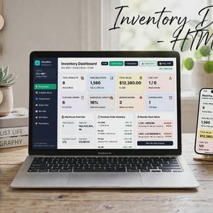 May include: A laptop and two smartphones displaying an Inventory Dashboard HTML version interface. The screen shows data for total products, available stock, total value, and low stock alerts. The dashboard includes sections for warehouse overview, purchase order summary, and reorder stock alerts.