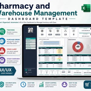 Könnte beinhalten: Eine digitale Excel-Vorlage für ein Apotheken- und Lagerverwaltungs-Dashboard auf einem Laptop-Bildschirm. Die Benutzeroberfläche zeigt Datenvisualisierungsdiagramme, Bestandsverfolgungsmetriken, Lagerstatusanzeigen und Tabellen.