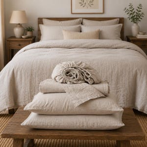 May include: A set of beige linen bedding including a fitted sheet, a flat sheet, and two pillowcases stacked on a wooden bench. The bedding features a textured, natural fabric finish in a neutral light tan color, matching the duvet cover on the bed.