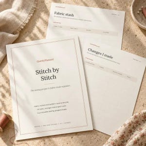 May include: A set of three white paper sewing organizer sheets with black text. The main sheet is titled Stitch by Stitch, followed by Fabric stash and Changes I made. The pages include tables for recording fabric details, project notes, and alterations.